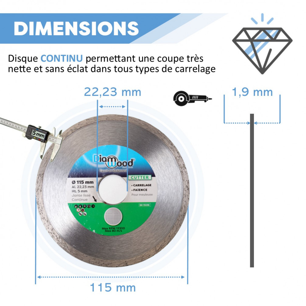 Disque diamant CUTTER D. 125 x Al. 22,23 x Ht. 5 mm - carrelage