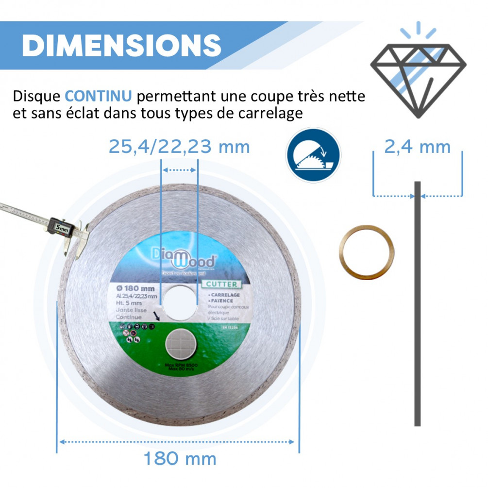 Disque Diamant Carrelage et Faïence pour Meuleuse - Lame Diamantée à  Tronçonner - D. 200 mm - Al. 30/25,4/22,23 mm - H. Jante 5 mm - CUTTER -  DIAMWOOD